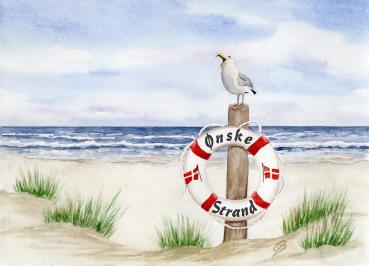Postcard DIN-A6  Lifebelt with Danish Flag Watercolor Maritime Art Print North Sea Baltic Sea dunes beach denmark seagull